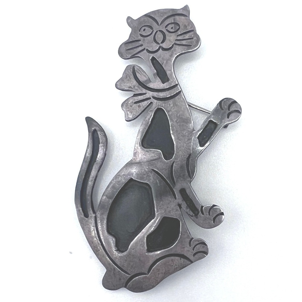 Vtg Taxco Mexico Sterling Silver 925 Brooch Pin Cat Kitten Enamel 2.5" 14g READ
